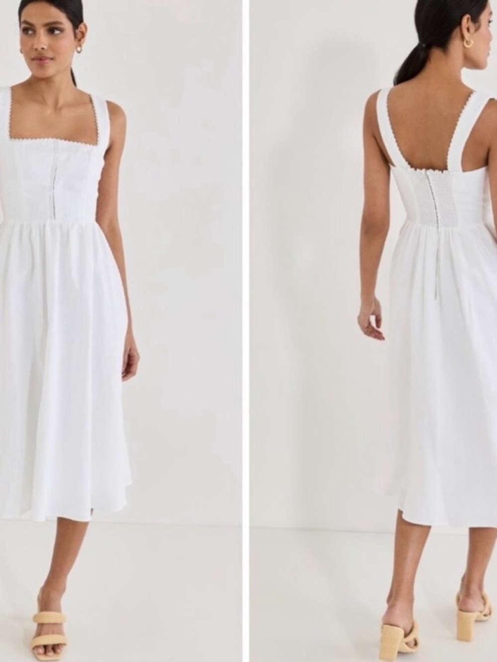 Reformation White Square-Neck Midi Dress with Scalloped Straps